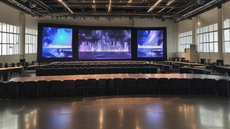 High-end audio equipment setup at a corporate event with sleek black and red accents.