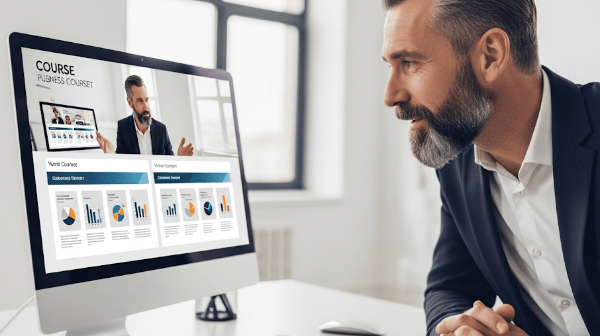 imprenditore che vede una copia digitale di se stesso su un computer che tiene una lezione