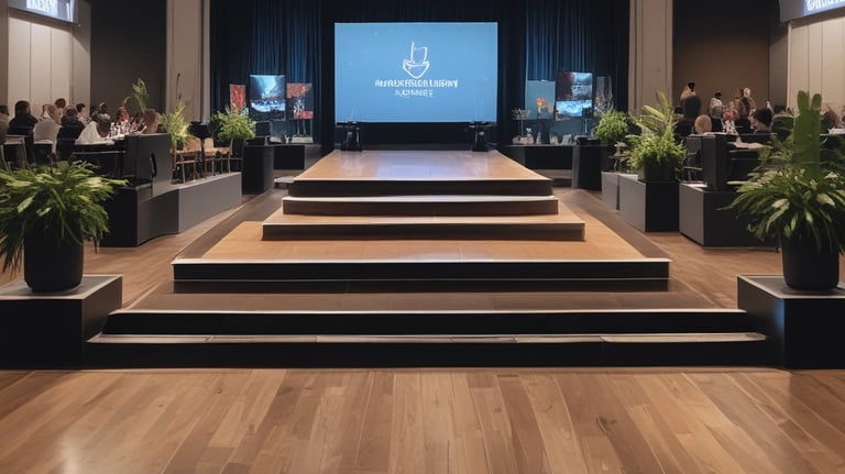 High-end audio equipment setup at a corporate event with sleek black and red accents.