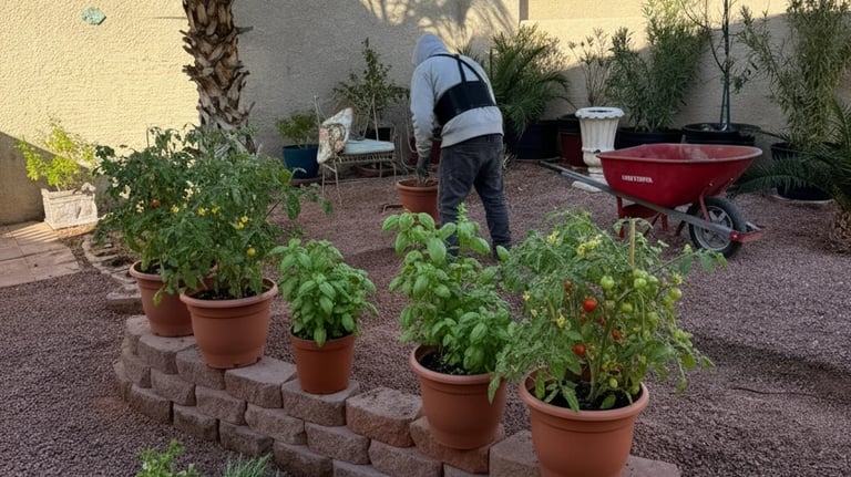 A man working in a backyard garden preparing soil for custom-built raised beds, ideal for growing.