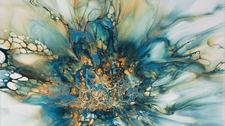 An abstract bloom featuring watercolor features with blue, orange, gold, and black