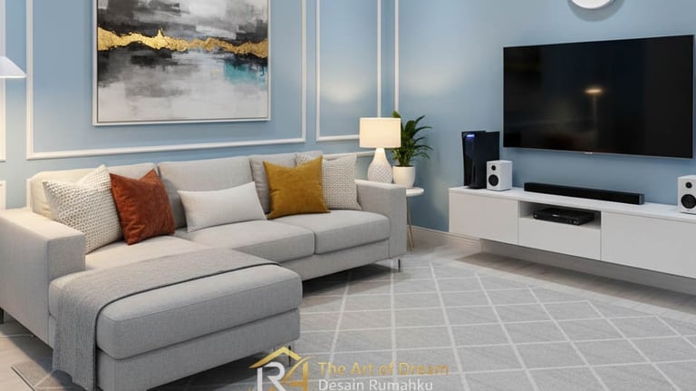 Ruang keluarga bergaya modern dengan dinding biru muda