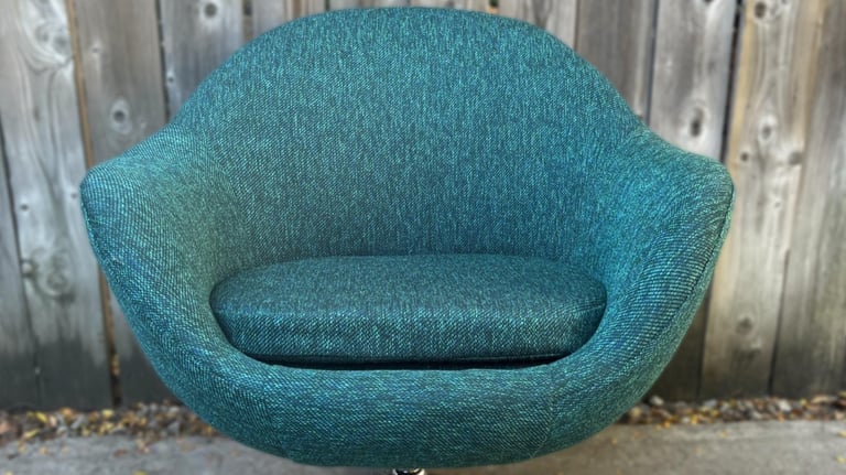 MCM Overman style egg chair reupholstered in blue tweed fabric - Toronto Upholstery