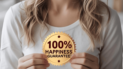 100% Happiness Guarantee Sticker being held by a woman.