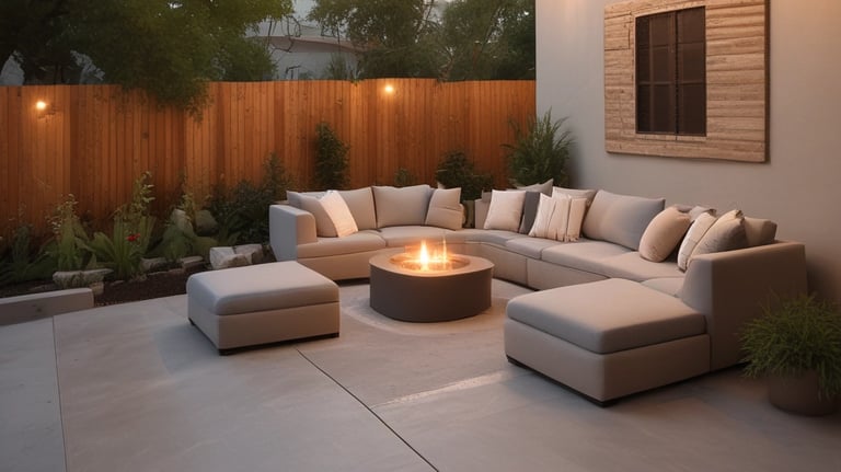 A warm, inviting backyard patio with comfortable seating and soft lighting.