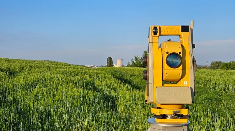 Een totaalstation in de velden.