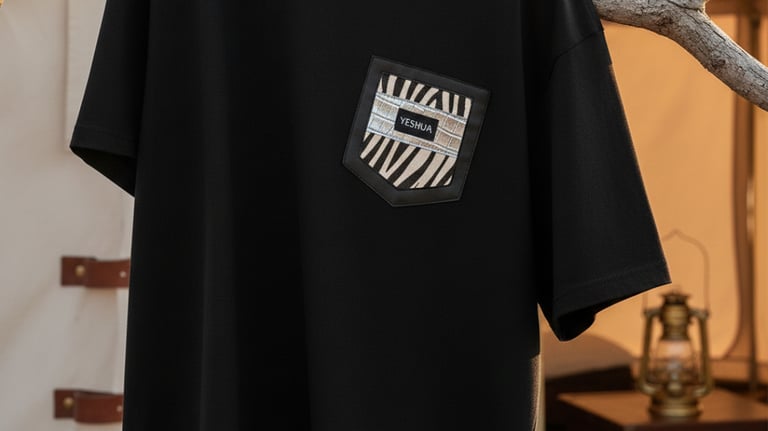 Black crewneck t-shirt with a zebra print pocket hanging on a branch outside a luxury camping tent.