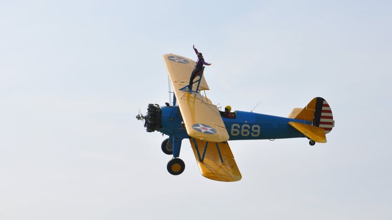 vintage Boeing Stearman biplane used for wing walking, Damyns Hall Aerodrome, London, United Kingdom