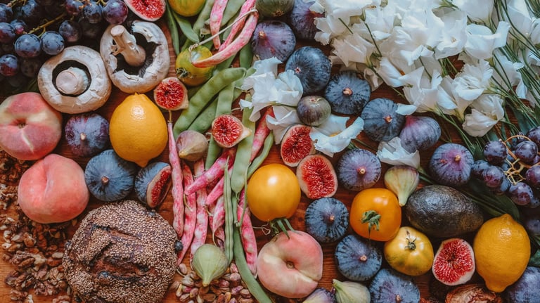 a bunch of colorful fruits and vegetables on a table