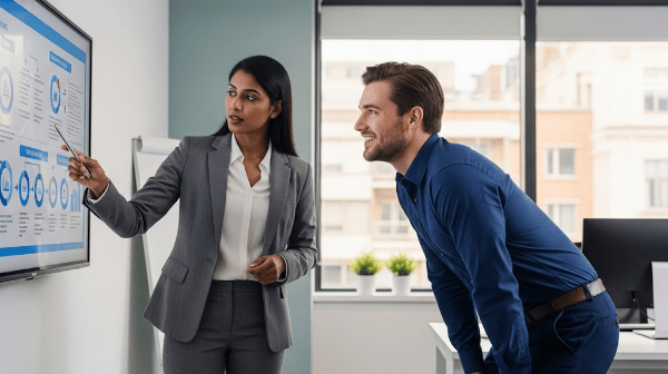 Imprenditrice che mostra procedure aziendali ad un impiegato , chino sulla lavagna e contento di averle