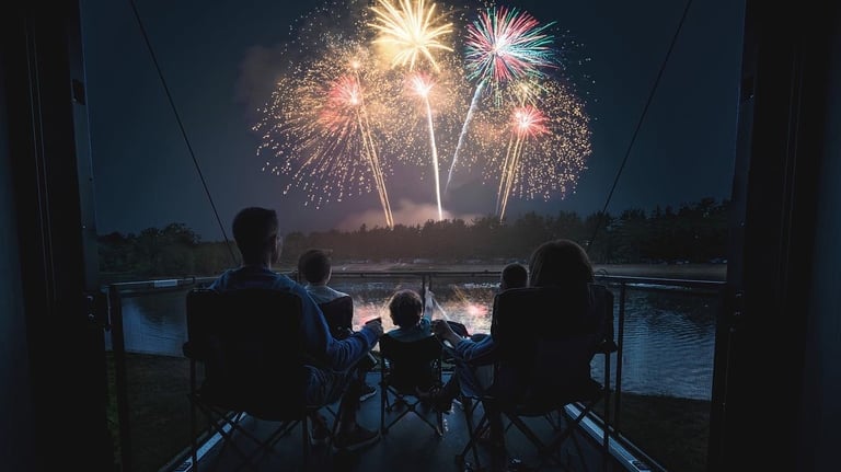a family watching fireworks in the night sky on an RV deck