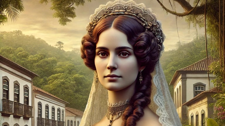 Retrato artístico de Dona Beja, a icônica e enigmática figura histórica de Araxá, cercada por uma pa