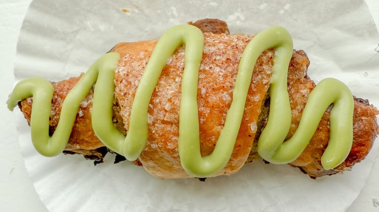 rugelach with matcha ganache filling and topping