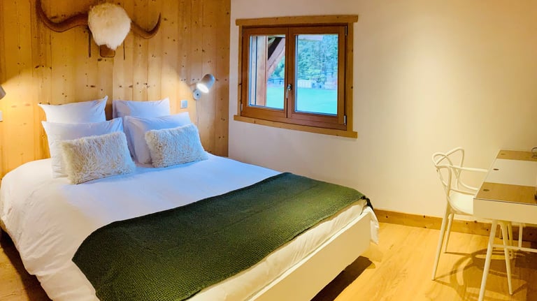 a bed room with a bed and a desk