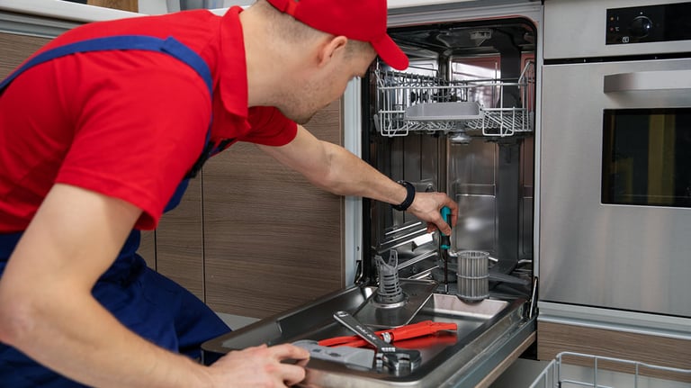 a person red hat repairing a dishwasher 