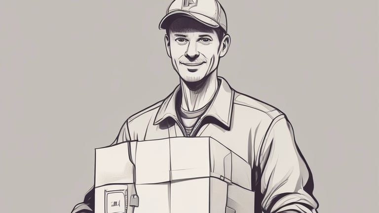 A smiling courier handing over a package to a happy recipient at their doorstep.