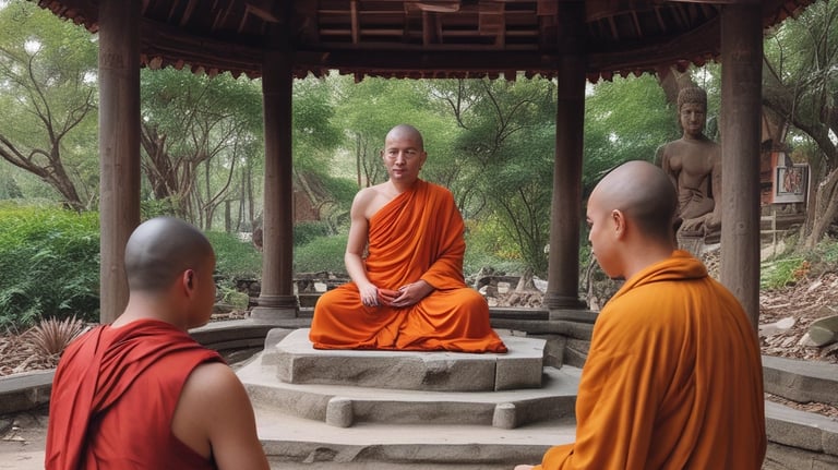 a group of monks sitting on a stone bench
