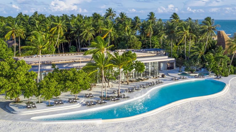 a large pool with a swimming pool and a view of the ocean, St Regis Maldives