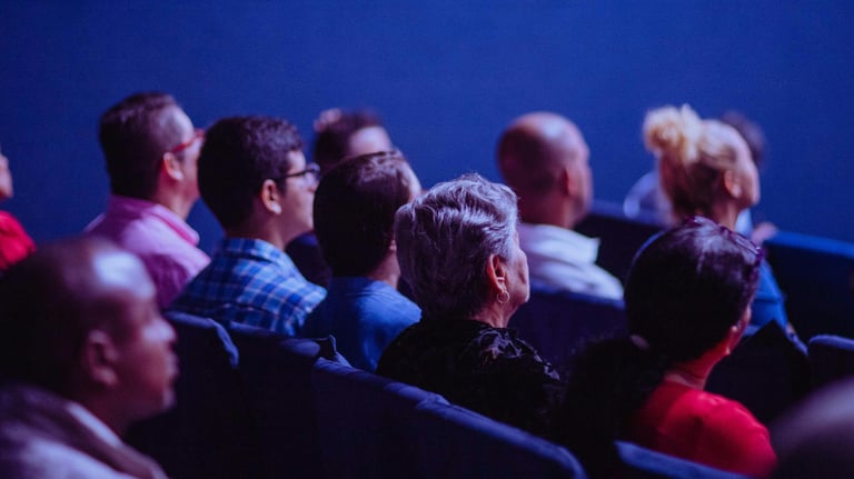 visão lateral: grupo de pessoas sentadas no auditório assistindo palestra