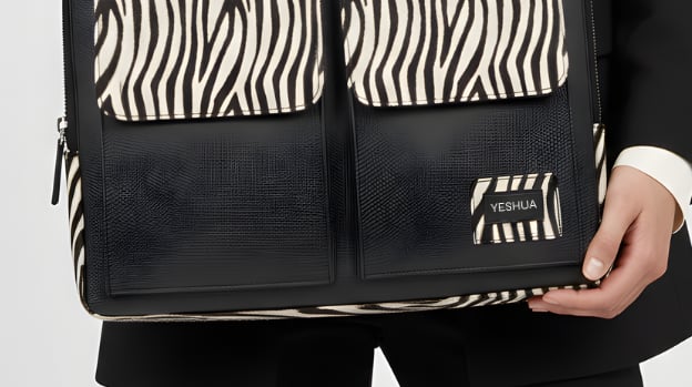 Professional woman in a black blazer holding a designer zebra print laptop bag with leather handles.