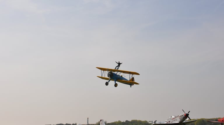 vintage Boeing Stearman biplane used for wing walking, Damyns Hall Aerodrome, London, United Kingdom