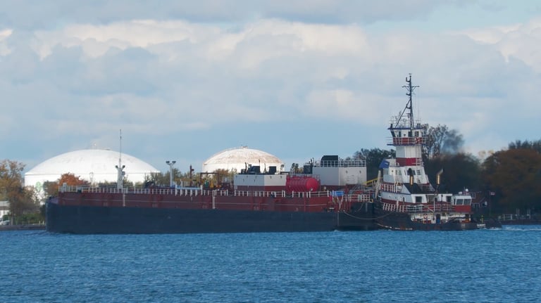 A stern view of tugboat Albert pushing barge Margaret past an industrial facility.