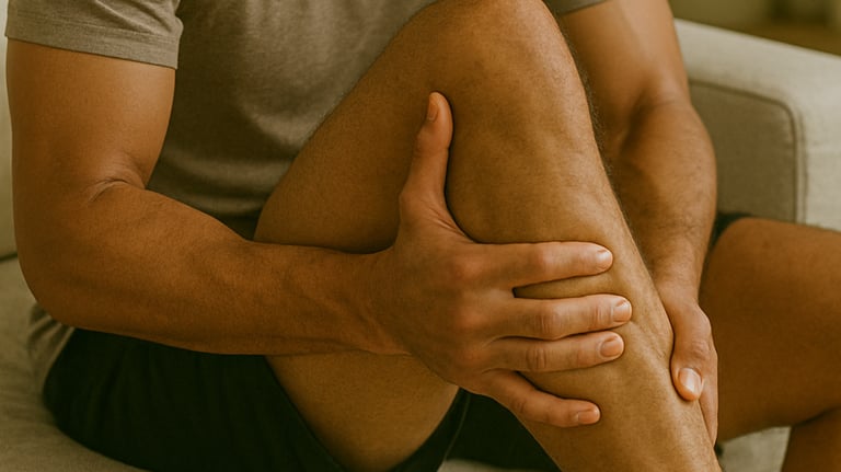 Man with leg cramp showing tight muscles