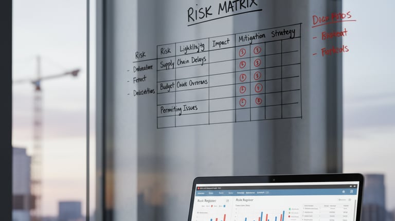 Risk management matrix and analysis for construction project oversight.