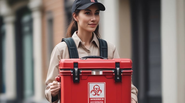 A person wearing a black cap and a black polo shirt with a courier service logo holds a large cardboard box. The background is a plain light gray, and the person appears to be smiling slightly.