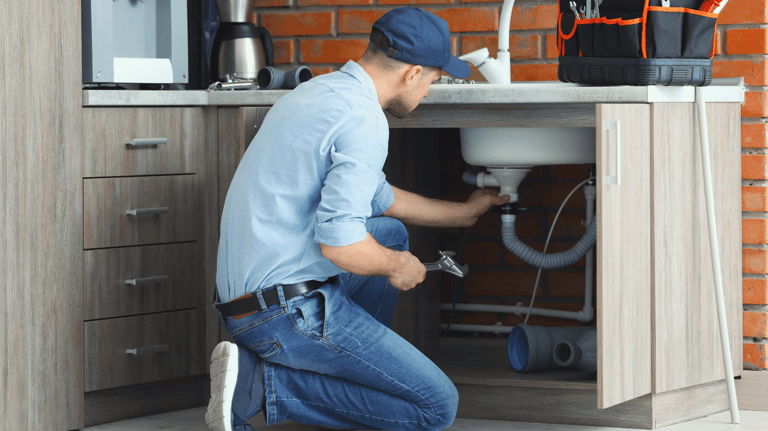 a man in a blue shirt and jeans is fixing a sink