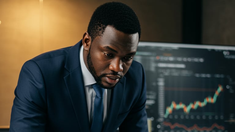 a man in a suit and tie is looking at a paper with a chart