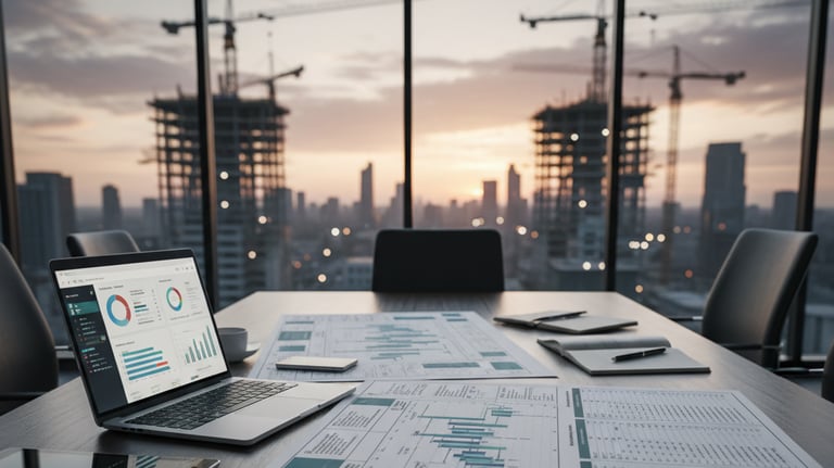 Project manager reviewing plans and schedules for construction delivery.