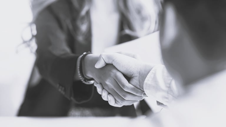 a woman shaking someone's hand over a table