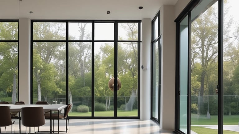 Sleek winter garden with spotless glass panels reflecting soft ambient light