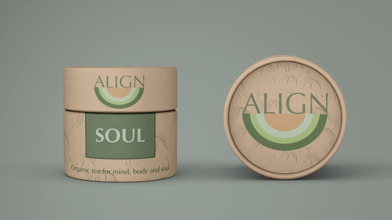 Align tea packaging concept showing recycled cardboard tube and lid with semi-circle brand mark