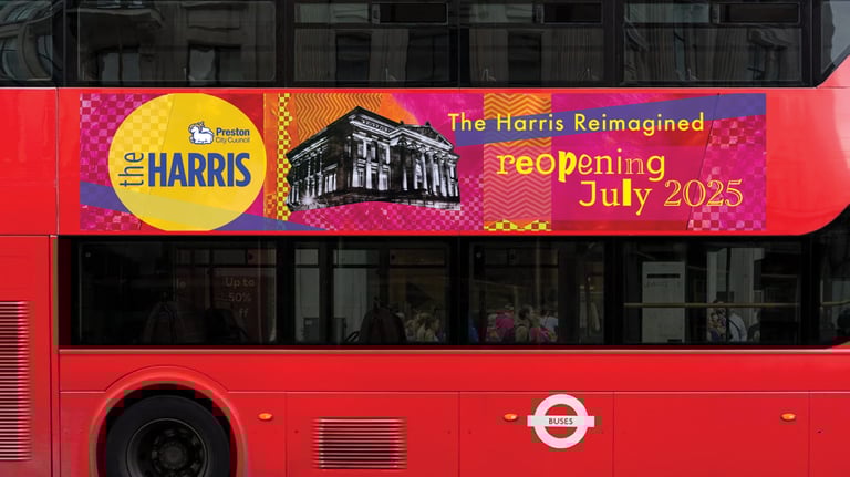Bus advertisement mockup showing campaign design on red London bus