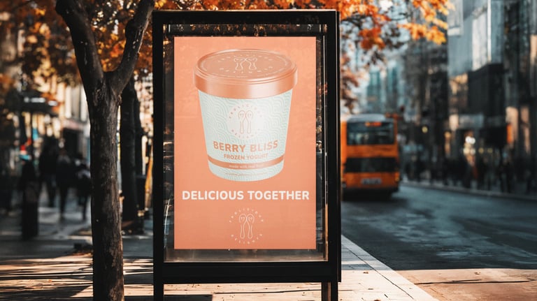 Frolicious Delights bus stop advertisement — brand identity and marketing design