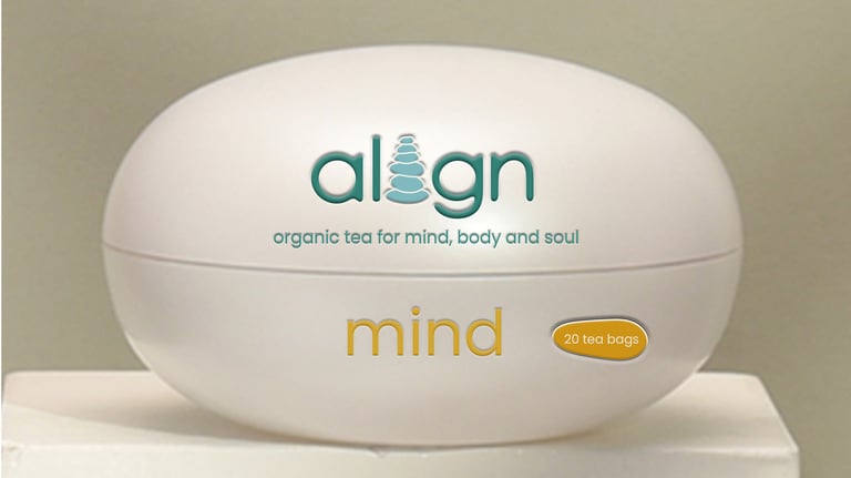 Align mind tea container with stacked pebbles logo on white packaging