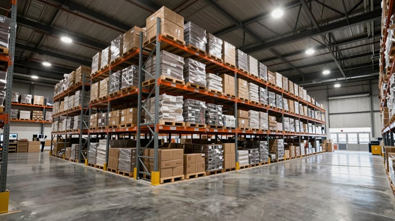 A vast, modern warehouse interior with high ceilings and organized shelving units. The floor is polished concrete reflecting Soft White overhead lights.