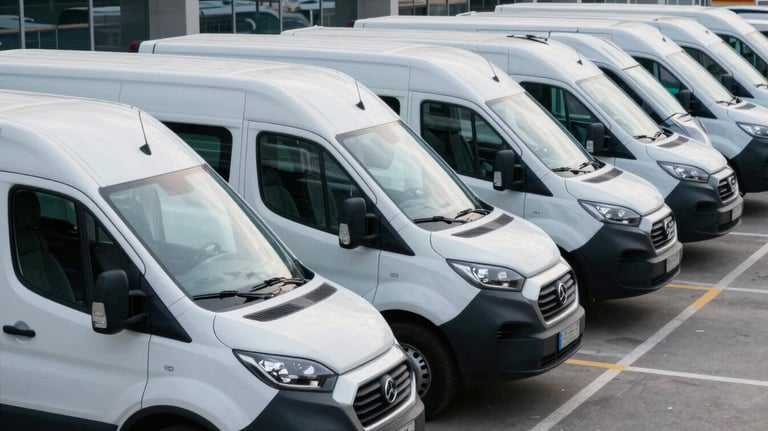 A row of clean, modern delivery vans parked in a perfect line at a terminal. The vans are Soft White with subtle Deep Navy branding visible.