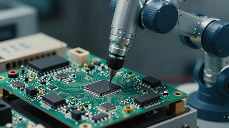 A detailed close-up of sophisticated electronic circuit boards being handled by a precision robotic arm. Palette focuses on Muted Teal and Deep Navy tones.