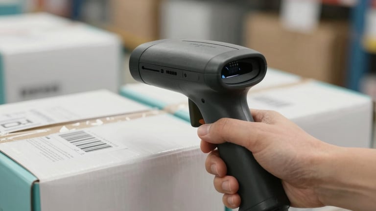 A close-up shot of a barcode scanner in use on a package within a distribution center. The background is a clean Soft White with Muted Teal accents.
