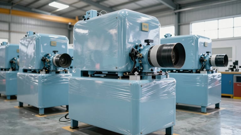 Industrial machinery units wrapped in protective film inside a bright, clean warehouse. Lighting is natural and clear, showing a Pale Blue hue.