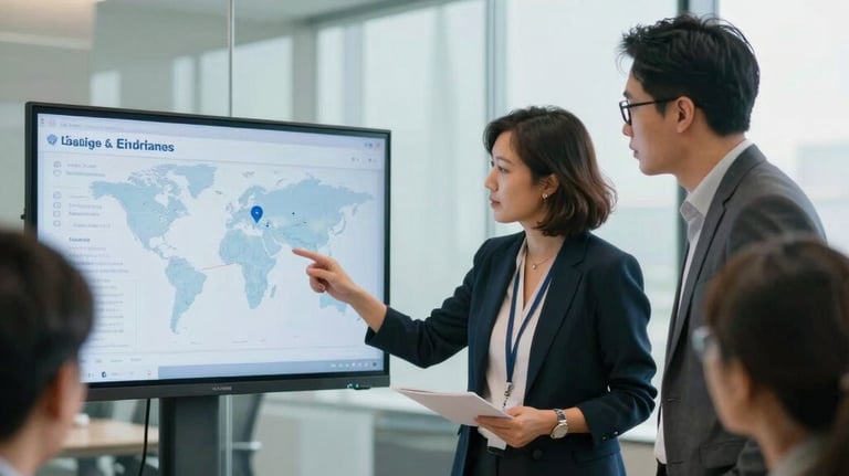 A pair of professionals in a bright, modern glass-walled conference room discussing strategy over a digital display. Global / English-speaking leadership context.