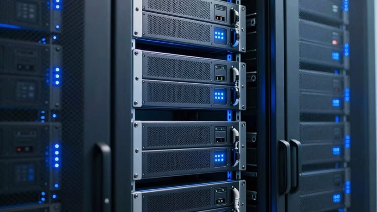 A secure, modern server room with blue LED lighting on the hardware racks, representing high-level cybersecurity. Clean and professional photography. Global / English-speaking infrastructure.