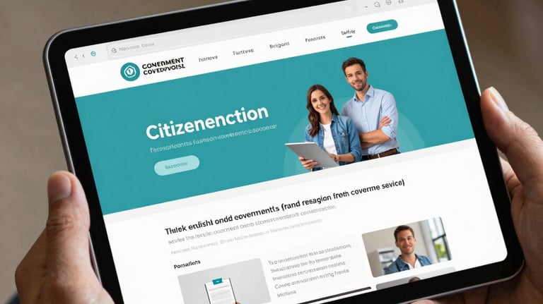 A focus on a digital tablet displaying a user-friendly citizen portal interface, held by a professional. Global / English-speaking government service context.