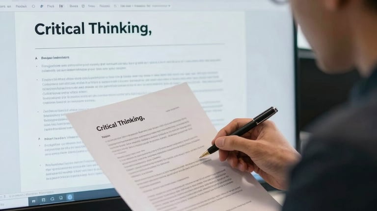 A person in a professional office reviewing a document on a screen labeled 'Critical Thinking,' with soft natural light. Global / English-speaking professional setting.