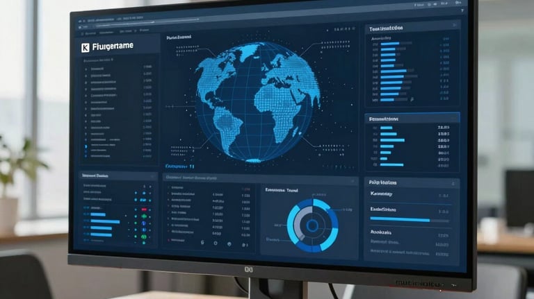 A bright, professional setting showing a modern data visualization dashboard on a large monitor in a sunlit meeting room. Global / English-speaking corporate context with blue accents.