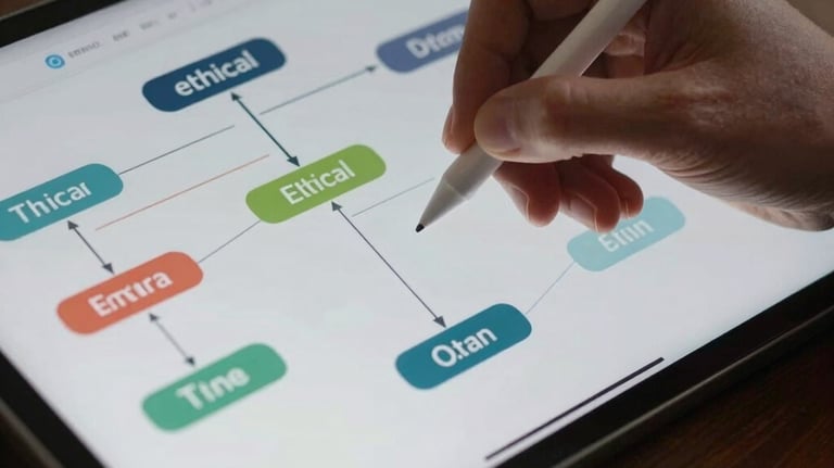 A close-up of a professional using a stylus on a high-resolution tablet to navigate an ethical decision-making tree. Focused lighting on the screen. Global / English-speaking business environment with a focus on technology.