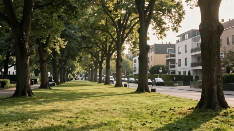 A high-end photograph of a tranquil park with lush green lawns and tall old trees, near a modern upscale residential street in Germany, soft warm morning light, premium atmosphere, forest green and warm beige tones.
